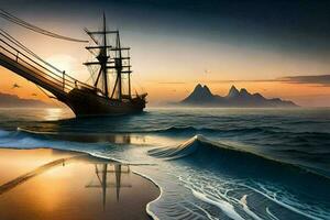 piraat schip in de zee Bij zonsondergang ai genereren foto