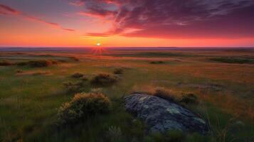 zonsondergang Aan de horizon over- een enorm landschap, grasland nationaal park, generatief ai foto