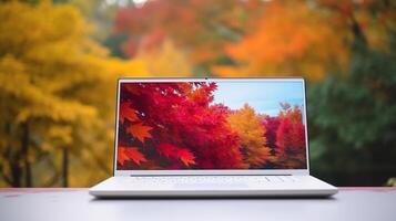 blanco scherm laptop computer Aan terras met mooi herfst kleurrijk rood en geel esdoorn- bladeren achtergrond, kopiëren ruimte voor Scherm presentatie, marketing, advertentie concept, generatief ai foto