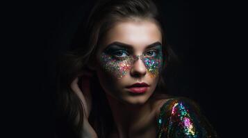 mode kunst portret. model- meisje in kleurrijk helder sparkles en neon lichten poseren in studio, mooi vrouw, modieus gloeiend pailletten verzinnen. ontwerp. maken omhoog. schitteren levendig verzinnen. generatief ai foto