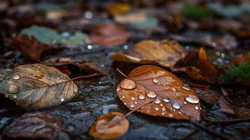 omhoog van gedaald bladeren van nat herfst bladeren, generatief ai foto