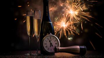 nieuw jaar viering - geroosterd brood met Champagne en vuurwerk - onscherp bokeh lichten achtergrond, generatief ai foto