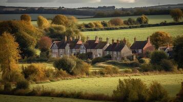 een typisch visie van landelijk behuizing omringd door platteland in vroeg herfst, generatief ai foto