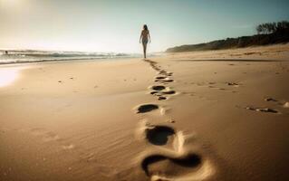 vrouw wandelen Aan de strand weggaan voetafdrukken in de zand. zomer gevoel. kopiëren ruimte. generatief ai. foto