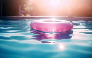 zomer zwembad met een roze drijver en kopiëren ruimte. reizen vakantie concept. zomer blauw aqua getextureerde achtergrond. generatief ai. foto