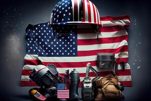 Verenigde staten van Amerika met arbeider hulpmiddelen, Amerikaans groot vlag. generatief ai foto
