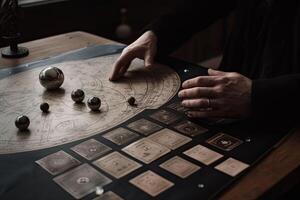 mannetje handen Holding tarot kaarten. astroloog berekent natal tabel en maakt een voorspelling. generatief ai foto