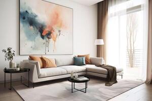 een comfortabel sofa met een groot abstract schilderij Aan de muur achter het. direct visie van muur. generatief ai foto