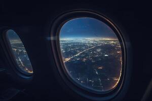 visie van de nacht stad van de vliegtuig venster. nacht stadsgezicht. reizen en toerisme concept. generatief ai foto