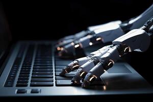 de robot hand- druk op een toetsenbord Aan een laptop. Chatbot robot concept. generatief ai foto