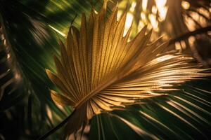 groen en goud tropisch palm bladeren. natuur voorjaar concept. minimaal abstract oerwoud of Woud patroon. generatief ai foto