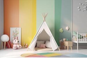 kinderen kamer met een wigwam, een pluche en houten speelgoed. elegant en schattig kind kamer decor. generatief ai foto