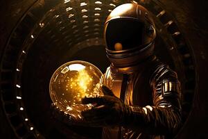een astronaut houdt een gloeiend bal in zijn handen. mysterieus achtergrond. generatief ai foto