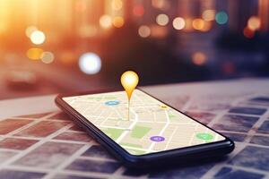 punt Aan smartphone met GPS navigator icoon en kaart Aan blured achtergrond. generatief ai foto