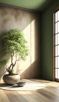 een ruim kamer met een sereen salie groen muur en een prominent Japans bonsai boom. ai gegenereerd. foto