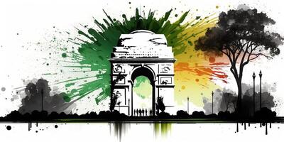 illustratie van Indië poort in nieuw Delhi Aan abstract vlag driekleur achtergrond. ai gegenereerd. foto