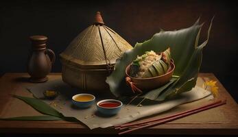 zongzi. rijst- knoedel voor Chinese traditioneel draak boot festival duanwu festival. ai gegenereerd. foto