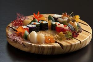 een versierd bord schotel van Japans sushi geregeld Aan houten bord, gemaakt met generatief ai foto