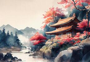 oud Azië geschilderd in waterverf. Japans architectuur van de 19e eeuw. ai gegenereerd foto