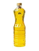 geel Koken olie in klein plastic fles geïsoleerd Aan wit achtergrond met knipsel pad foto