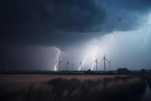 ai gegenereerd energie besparing windmolens, turbin Bij natuur, zee, bergen, velden foto