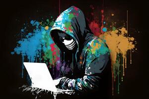ai gegenereerd internet hacker zittend Bij persoonlijk computer laptop tablet foto