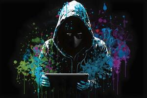 ai gegenereerd internet hacker zittend Bij persoonlijk computer laptop tablet foto