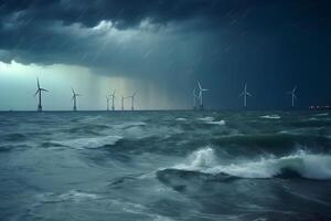 ai gegenereerd energie besparing windmolens, turbin Bij natuur, zee, bergen, velden foto
