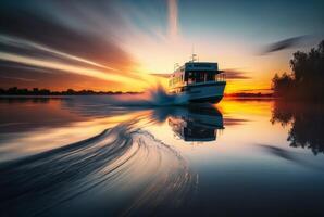 landschap visie van schip Aan rivier- en zonsondergang, generatief ai foto