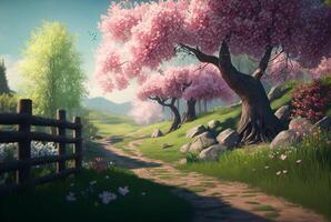 mooi kleurrijk voorjaar landschap achtergrond, generatief ai foto