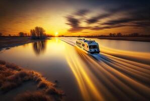 landschap visie van schip Aan rivier- en zonsondergang, generatief ai foto