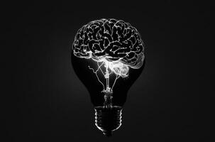 gloeilamp en menselijk hersenen met binnen een gloeilamp is een lichtgevend menselijk hersenen tegen een donker achtergrond. generatief ai foto