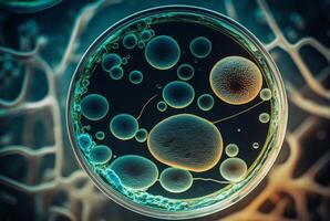 detailopname van bacteriën, met vergroten glas in de achtergrond. generatief ai foto