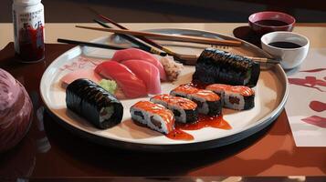 tafel vol van sushi en eetstokjes ai gegenereerd foto