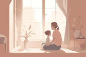 minimalistische moeder dag illustratie dat beeldt af een moeder en kind in een vredig binnen- instelling. zacht, gedempt tonen. generatief ai foto
