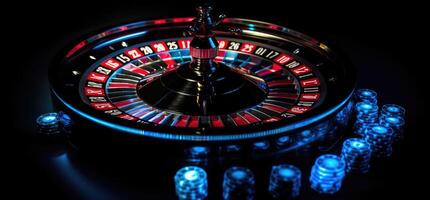 roulette wiel met blauw achtergrond en lichten, casino foto. generatief ai foto