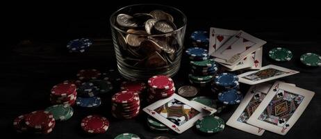 casino chips Aan de zwart achtergrond met casino kaarten. generatief ai foto