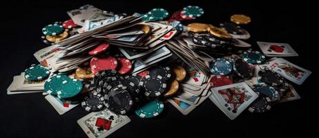 casino chips Aan de zwart achtergrond met casino kaarten. generatief ai foto