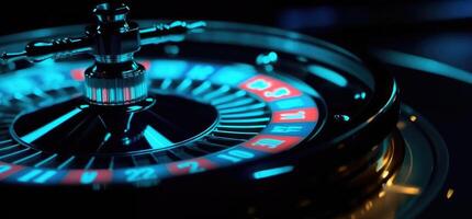 roulette wiel met blauw achtergrond en lichten, casino foto. generatief ai foto