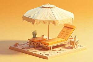 zon ligstoel en paraplu in een zonnig strand, 3d veroorzaken. generatief ai foto