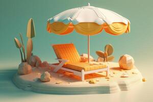 zon ligstoel en paraplu in een zonnig strand, 3d veroorzaken. generatief ai foto