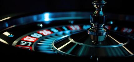 roulette wiel met blauw achtergrond en lichten, casino foto. generatief ai foto