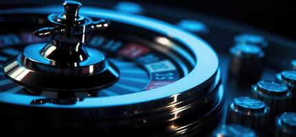 roulette wiel met blauw achtergrond en lichten, casino foto. generatief ai foto