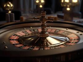 roulette wiel, in de midden- van de tafel Aan de casino tafel. generatief ai foto