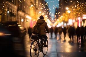 foto van een persoon rijden een fiets in de stad menigte onder de lichten Bij nacht in de stad, en tussen de drukte van mensen. generatief ai.