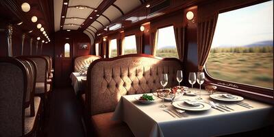 de luxueus dining in de trein met ai gegenereerd. foto