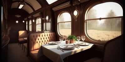 de luxueus dining in de trein met ai gegenereerd. foto