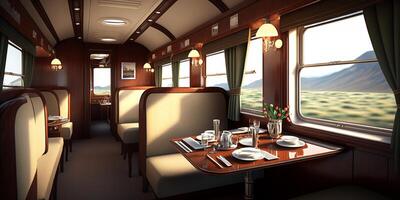 de luxueus dining in de trein met ai gegenereerd. foto