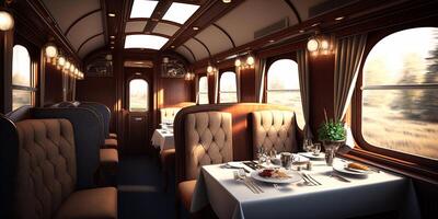 de luxueus dining in de trein met ai gegenereerd. foto