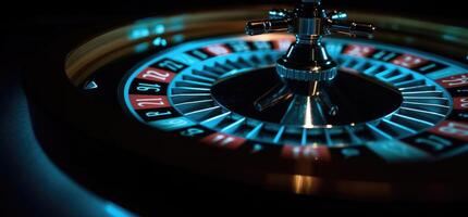 roulette wiel met blauw achtergrond en lichten, casino foto. generatief ai foto